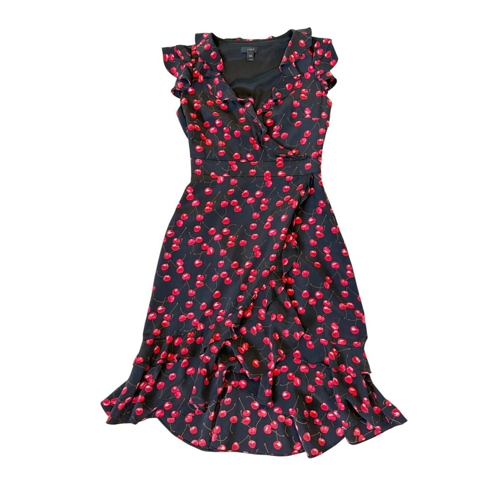 J.Crew Womens 000 Black Red Cherry Print Silk Dress Ruffle V-Neck Retro Flowy